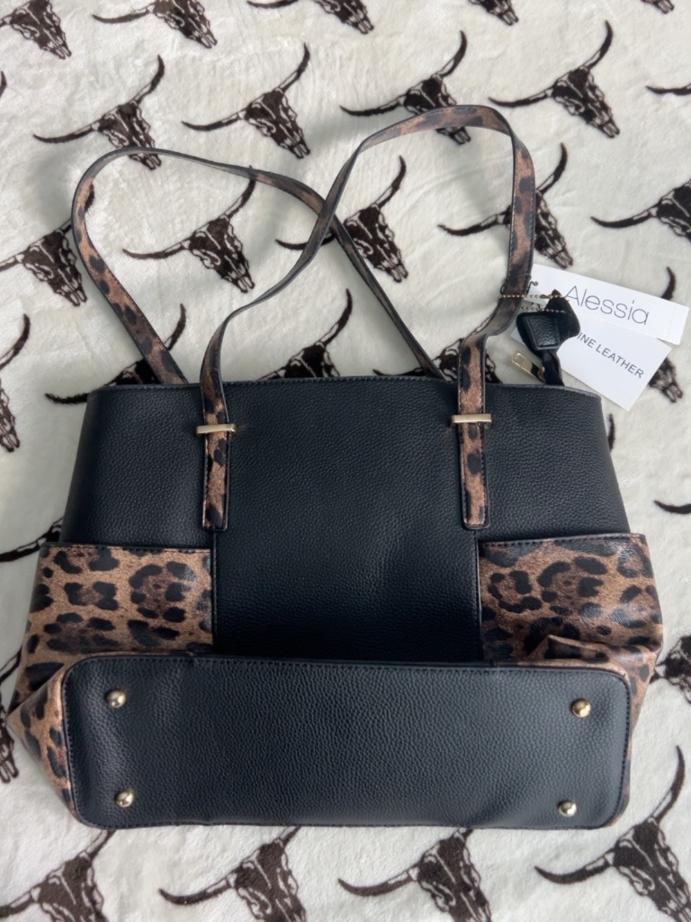 Alessia Black Leopard Genuine Leather Tote Shoulder Bag NWT